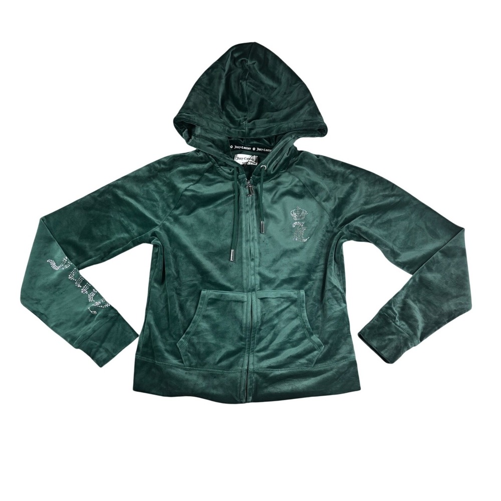 Juicy Couture Velour Rhinestone Hoodie Evergreen Green Zip Up Sweatshirt M NEW
